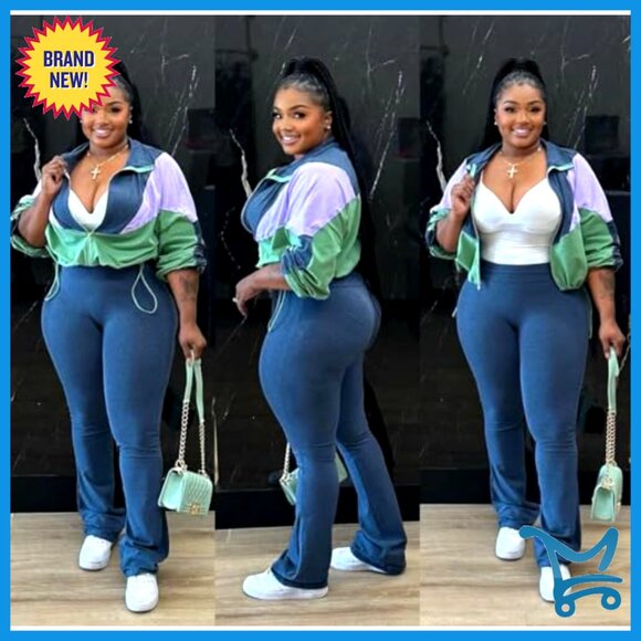 Two Piece Set Zip Up Cropped Jacket High Waist Flare Pants Casual Chic - Picture 6 of 7